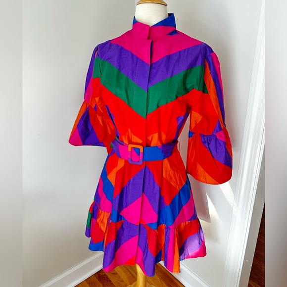 FARM Rio Dresses & Skirts - FARM Rio Amanda Stripes Mini Ruffle Buttoned Mock Neck Bell Sleeve Dress